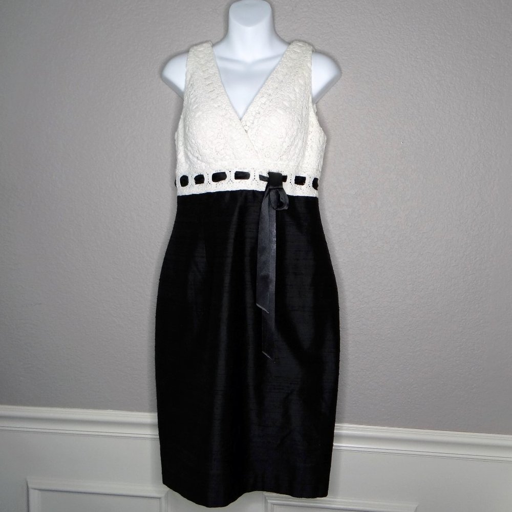 Kay Unger Black & Off White Silk Sleeveless Cocktail Dress Women's Size 10